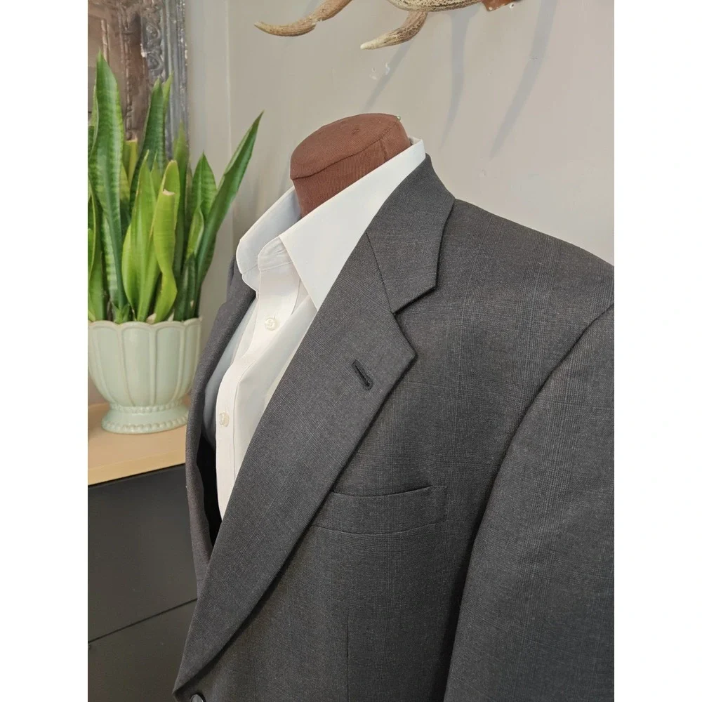 Hart Schaffner Marx Mens Wool Sports Coat 42L Gray Blue Plaid Gold Trumpeter USA